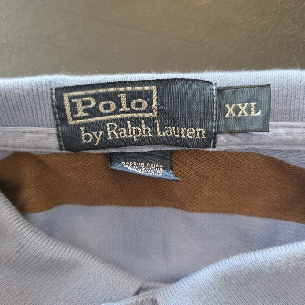 Vintage Polo Ralph Lauren Polo Shirt Blue Brown Striped Short Sleeve Mens 2XL